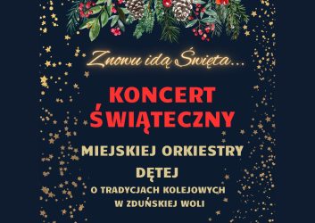 czarne tło, a na nim czerwone i złote litery, plakat zaprasza na koncert świąteczny w dniu 15 grudnia 2024