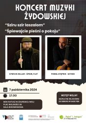 plakat przedstawia dwóch mężczyzn Symchę Kellera i Pawła Stępnika. Jeden z brodą w czapce i okularach, drugi łysy z wąsami. Koncert z ich udziałem odbędzie się 7 października o godzinie 17.00 w sali widowiskowej MDK