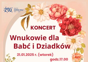 plakat bladoróżowy, łososiowy z kwiatami w tle zaprasza na koncert z okazji dnia babci i dziadka w Karsznicach 21 stycznia o godzinie 17.00, wstęp wolny