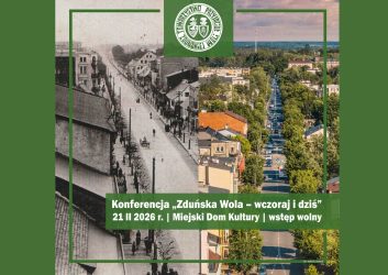 zdjęcie przedstawia Zduńską Wolę z lotu ptaka, widać budynki po lewej stronie są w kolorze czarno-białym po prawej kolorowe