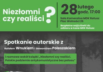 szaro-zielony plakat dotyczy spotkania autorskiego Niezłomni czy realiści. Polskie podziemie antykomunistyczne bez patosu które odbędzie się 27 lutego o godz. 17.00