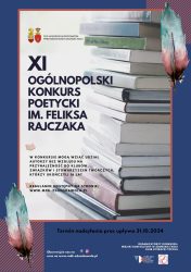 granatowy plakat z ustawionymi pionowo książkami zaprasza na Konkurs im. Feliksa Rajczaka.
