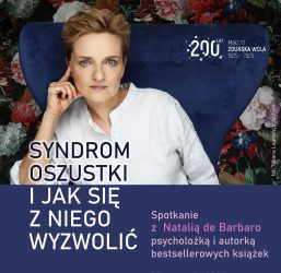 granatowy plakat a na nim twarz kobiety w średnim wieku w krótkich jasnych włosach, plakt zaprasza na spotkanie z Natalią de Barbaro, autorką książek i psycholożką