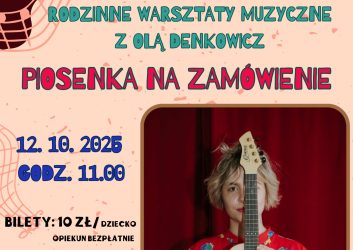 zdjęcie na nim twarz młodej kobiety z gitarą w ręku, to zaproszenie na warsztaty muzyczne, które poprowadzi Ola Denkowicz