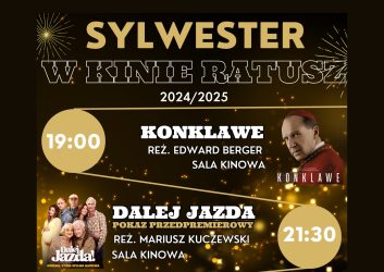 czarny plakat ze złotymi napisami, zaproszenie na Sylwestra w Kinie Ratusz
