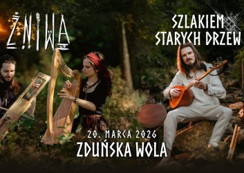 grafika przedstawia dwóch mężczyzn i jedną kobietę to muzycy zespołu Szlakiem Starych Drzew i Żniwa, które zagrają 20 marca w MDK Ratusz