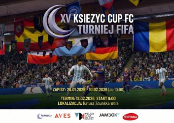 ciemna grafika na niej flagi różnych krajów i piłkarz, to zapowiedź Turnieju Fifa, ktory odbędzie się 12 lutego od 9.00 w MDK Ratusz