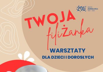 beżowe tło, a na nim napis czerwony Twoja Filiżanka, to zapowiedź warsztatów jakie odbędą się w filii MDK os. Karsznice 12 lutego o godzinie 17.00, koszt 45 od osoby, zapisy na Strefie Zajęć