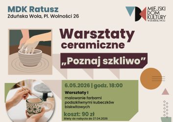 grafika dotyczy warsztatów ceramicznych, które odbędą się w maju w MDK