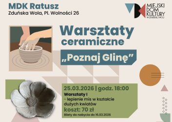 kolorowy plakat beżowe tło, na nim kolorowe napisy dot. warsztatów ceramicznych