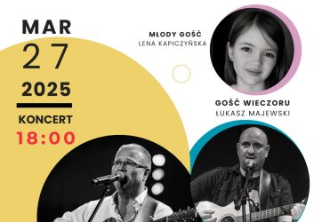 biały plakat z trzema kołami, a w nich fotografie czarno-białe dwóch mężczyzn i jednej dziewczynki, to twarze artystów którzy wystąpią podczas Wieczoru z Wawrzynem, 27 marca o godzinie 18.00. Wieczór poświęcony będzie twórczości Kory i zespołu Maanam