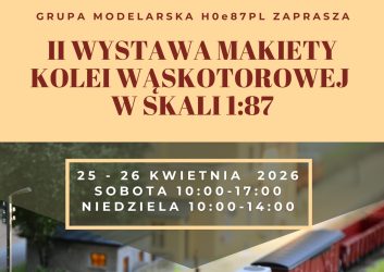 na plakacie dwa pociągi, długie czerwone z informacja o wystawie makiet w Karsznicach