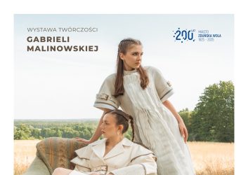 plakat przedstawia dwie kobiety w białych strojach na tle pola, to zapowiedź wystawy twórczości Gabrieli Malinowskiej