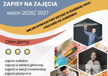 grafika dotyczy zapisów na zajęcia w nowym roku kulturalnym 2026 / 2027 zapisy na zajęcia ruszają 1 lipca, wszystkie informacje dostępne są na stronie Strefa Zajęć