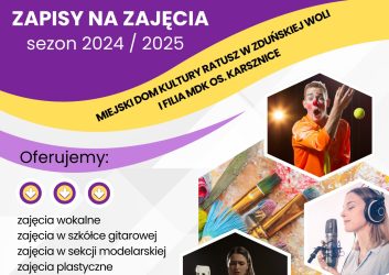 grafika fioletowo-żółta dotyczy naboru na zajęcia w nowym roku kulturalnym 2024-2025